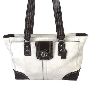 Coach Hampton Pebble Leather White Brown Shoulder Handbag Women Size L  …